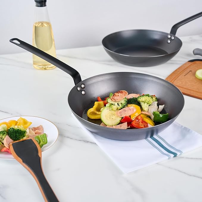 Met Lux 12 Inch Fry Pans, 6 Lightweight Frying Pans - Induction-Ready, Triple-Riveted, Black Carbon Steel Cooking Skillets, Durable, For Searing, Sauteing, And Browning Food - Restaurantware
