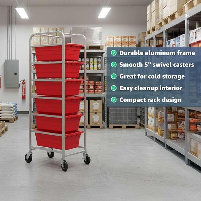 19"x26"x69" Mobile Aluminum Lug Rack with 6 Yellow Meat Lugs/Tote Boxes - NSF Heavy-Duty Commercial Portable Storage Cart with 5" Casters, 400 lb., Food Prep and Dishroom Durable Utility Rack
