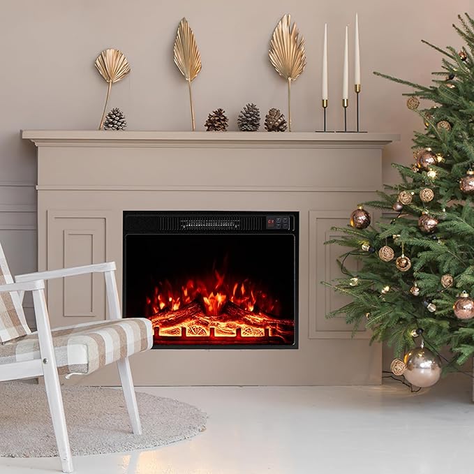 Tangkula 23" Electric Fireplace, 5,000 BTU Fireplace Insert with Remote Control, 3 Flame Colors & Brightness Levels, Recessed Fireplace Heater with 1-8H Timer, Thermostat & Overheat Protection