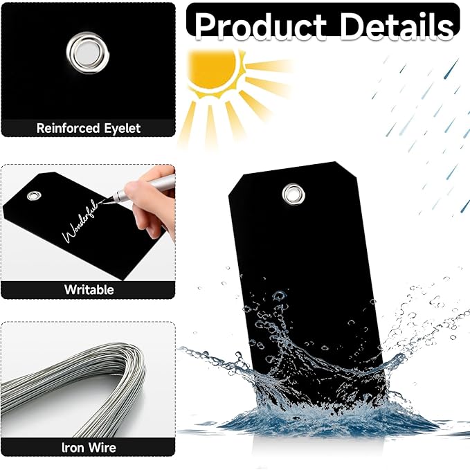 200 Pieces 4 3/4" x 2 3/8" Black Hang Tags with String Attached Heavy Duty Tags with Wires Shipping Label Tags Inventory Tags Garage Sale Tags for Retail Storage Gift Equipment Garage Parts(Black)
