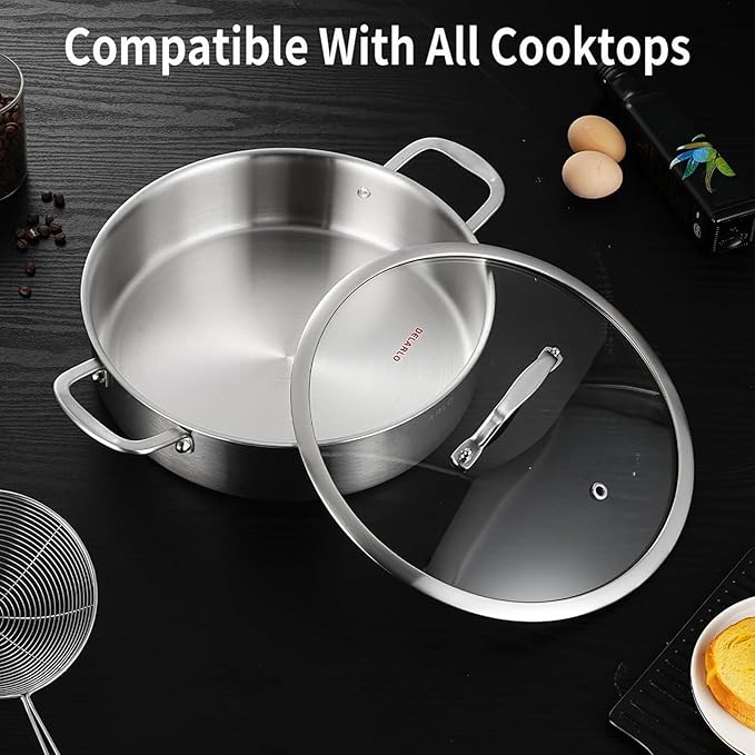 DELARLO 8QT Tri-Ply Stainless Steel Saute Pan With Lid, Jumbo Cooker 13 Inch Deep Frying Pan, Induction Large Skillet, Cooker Pan for Chefs, Dishwasher & Oven Safe