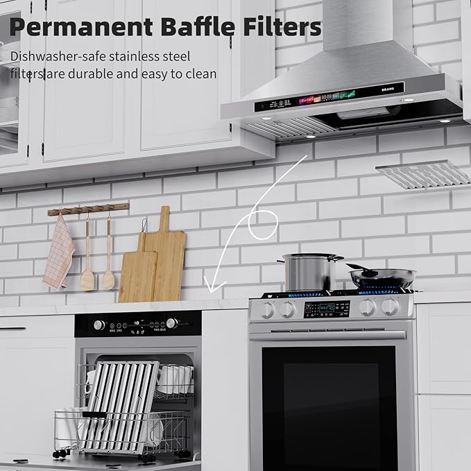 BRANO 36-inch Wall Mount Range Hood 900 CFM with Voice/Gesture/Touch Control, Kitchen Hood Vent with 4 Speed Exhaust Fan, Ducted/Ductless Convertible