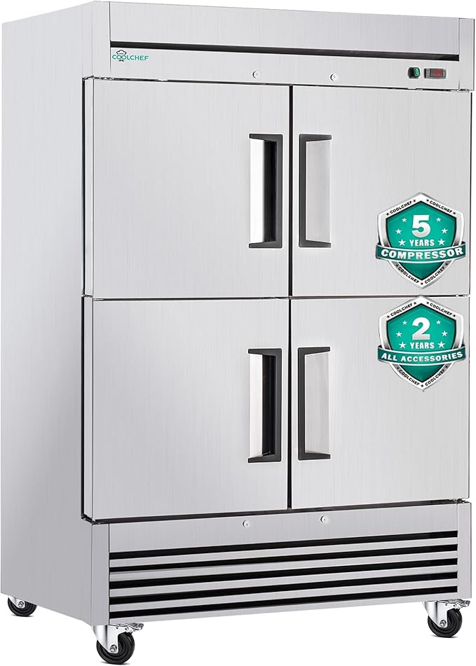 COOLCHEF 54" Commercial Refrigerator 49 Cu.Ft, Stainless Steel 4-Door Reach-in Fridge, 33–40℉, Air Cooling, LED Light, 6 Shelves, R290, ETL