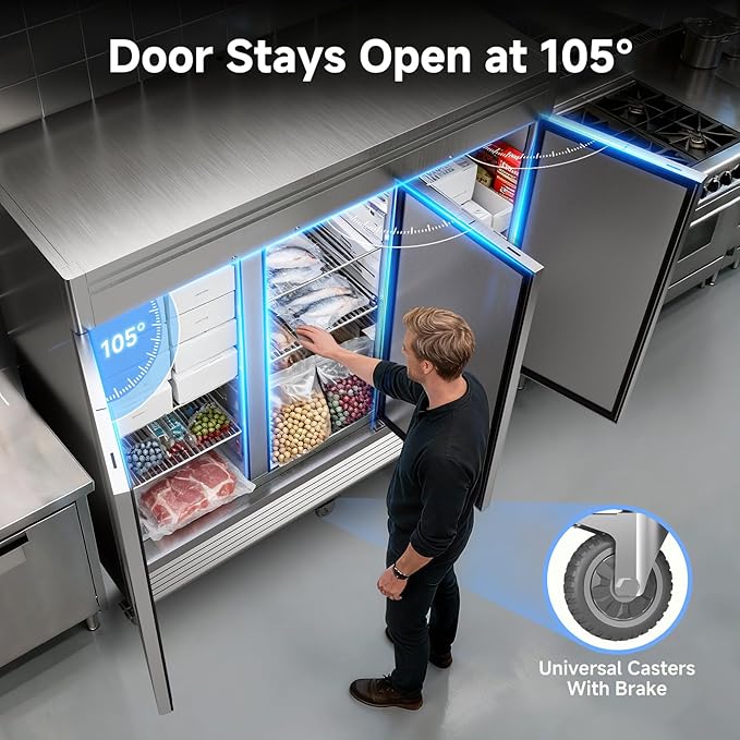 Coolake 82" Commercial Reach-in Freezer 3 Solid Doors, 72 Cu.ft Stainless Steel Fan Cooling Upright Freezer 12 Adjustable Shelves, Commercial Freezer for Restaurant Kitchen Grocery Store Prep Area