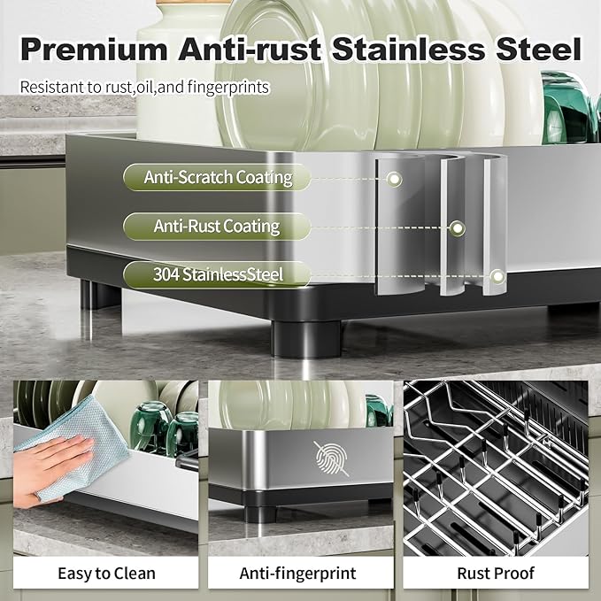 Dish Drying Rack, 304 Stainless Steel Dish Racks for Kitchen Counter, Dish Drainers with Automatic Drainage, Utensil Holder & Cups Holder, Space Saving Kitchen Organizer (1-Tier Silver)