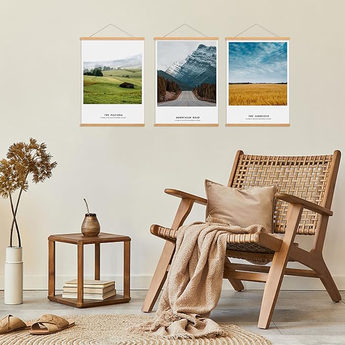FALAMON 3 Pack Magnetic Poster Hanger Frame, 9x12 9x11 9x13 Teak Wood Magnet Poster Frame for Posters, Prints, Photos, Pictures, Maps, Scrolls, and Canvas Artwork