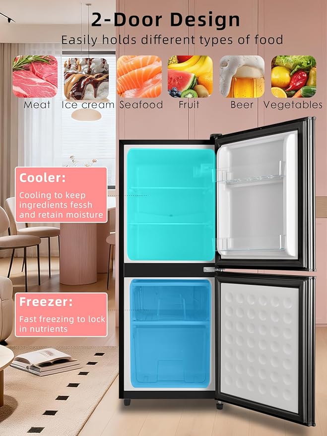 4.0 Cu.Ft Refrigerator with Freezer, 2 Doors Fridge with Adjustable Thermostat Control, Refrigerator for Kitchen, Dorm, Apartment, Garage, Office, Black