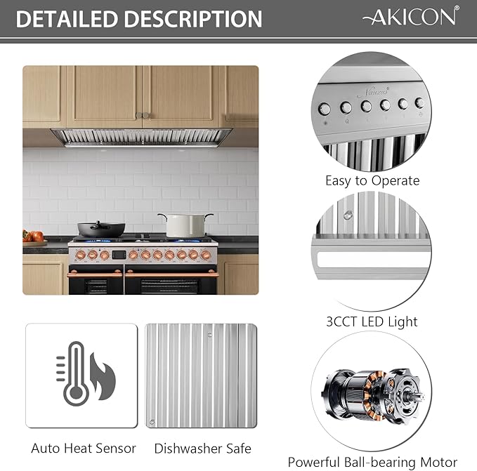 Akicon 48 Inch Range Hood Insert With Heater Sensor, 1200 CFM Ultra-Quiet Stainless Steel Ducted Vent Hood Insert with 4 Speed Fan, Dimmable LED Lights and Dishwasher Safe Filters