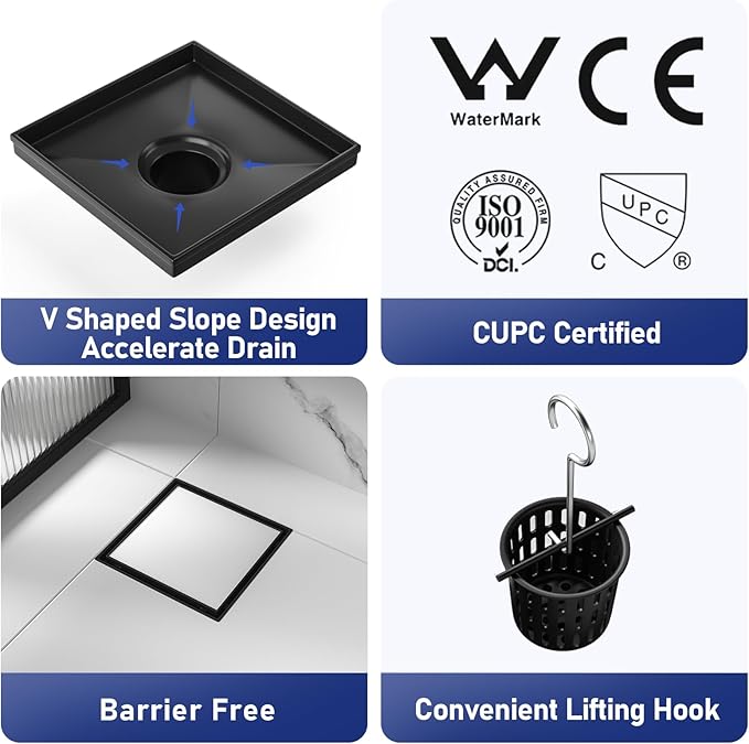 Square Shower Drain 8", Matte Black Floor Drain with Tiled Insert Grate & Hair Strainer, 304 Stainless Steel Bathroom 2-in-1 Tiled in Drain, CUPC Certified (Matte Black, 8'')