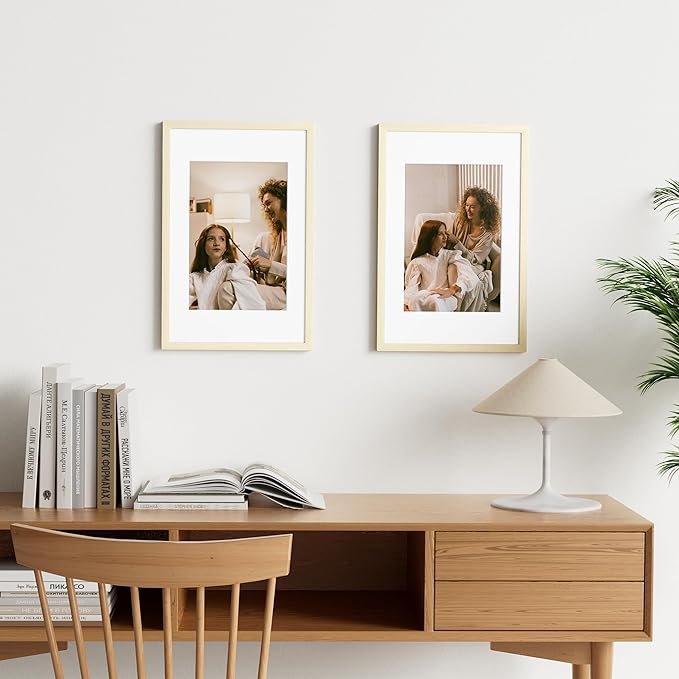 Vittanly 11x17 Picture Frame Set of 2, Solid Wood Frame for Wall Art Photo and Prints, Display Photo 8x12 with Mat or 11x17 without Mat, White