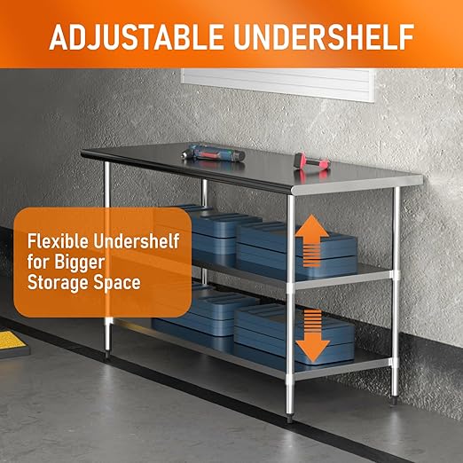 Stainless Steel Table for Food Prep & Work 24 x 60 inches with 2 Adjustable Undershelves, Commercial Workstation in Kitchen, Garage, Outdoor BBQ
