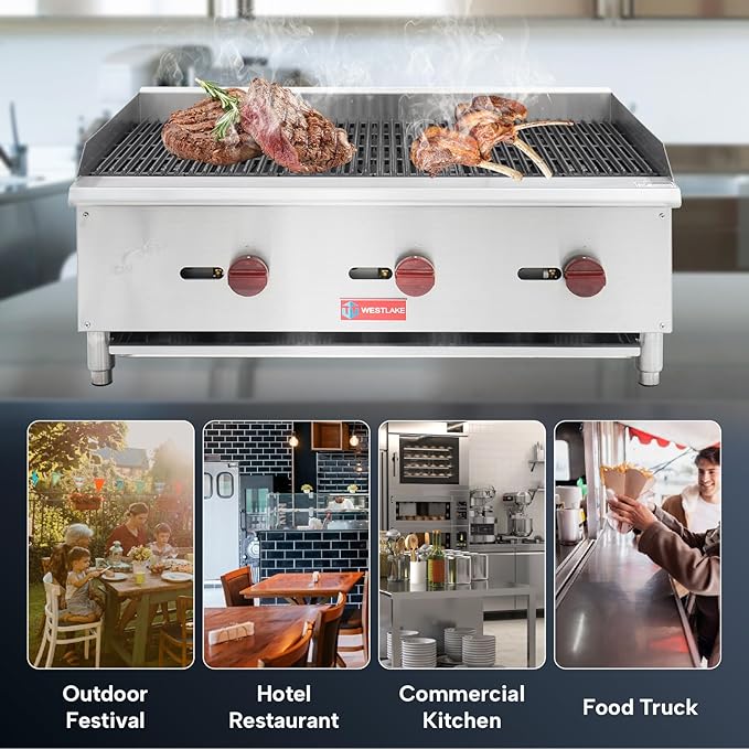WESTLAKE 36"W Commercial Charbroiler Gas Countertop 3 Burner Natural Gas and Propane 90,000 BTU Char Broiler Stainless Steel BBQ Stove Grill for Restaurants