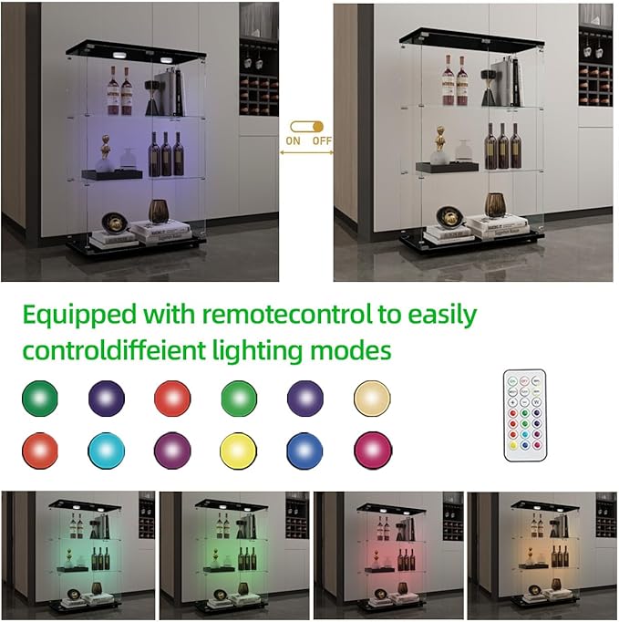 Glass Display Cabinet with LED, 3 Shelves with 2 Doors, Curio Storage Cabinets with Lock for Living Room, Office, Floor Standing Glass Bookshelf, Quick Installation - Black