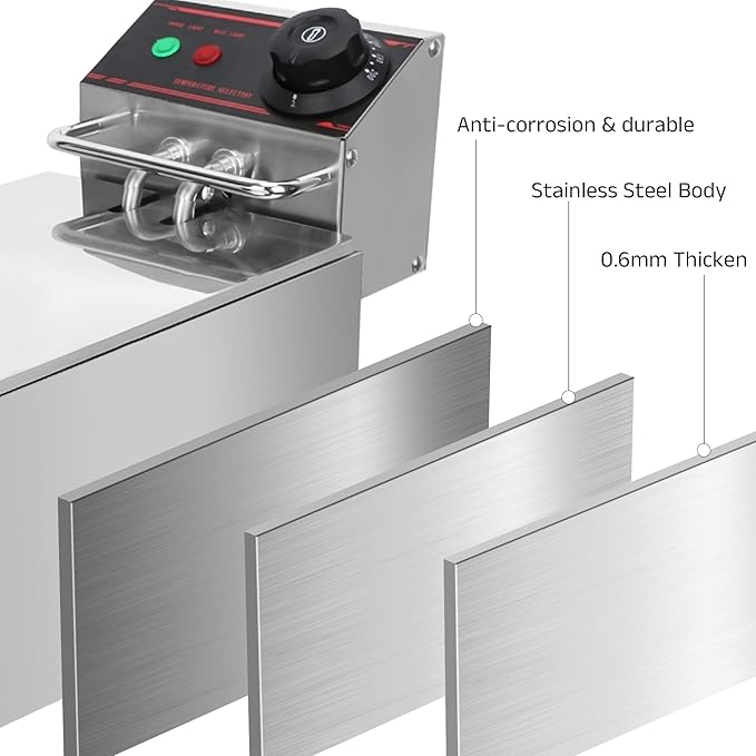 Deep Fryer Stainless Steel - Commercial Style Electric Fryer with Adjustable Thermostat, Rapid Heating & Oil Filtration Basket - Safe for Home Kitchen (Chips/Chicken/Donuts), 6L