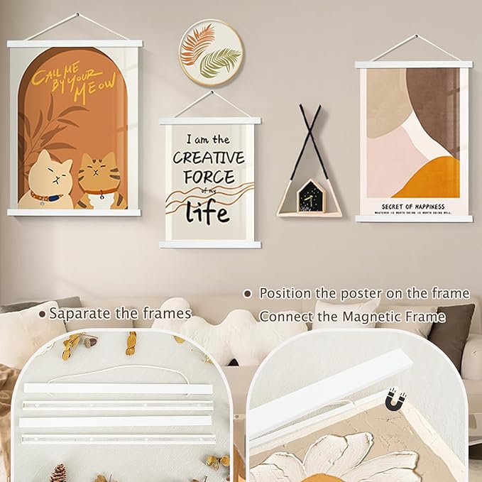 Artmag 2 Pack Magnetic Poster Hanger Frame, 36x24 36x48 36x12 Light Wood Wooden Magnet Canvas Artwork Print Dowel Poster Hangers Frames Hanging Kit (White, 36",2 Packs)