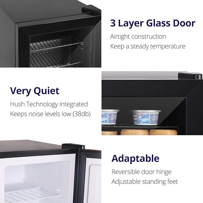 Northair Compact Mini Freezer with Glass Display Door - 1.1 Cu Ft with 2 Removable Shelves - Quiet Upright Freezer - 7 Temperature Settings - Black