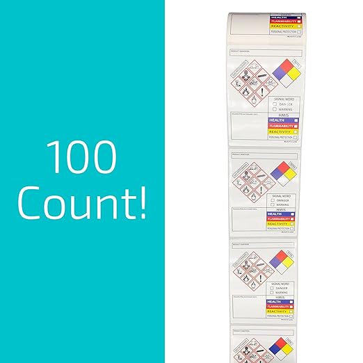 SDS OSHA Data Labels for Chemical Safety 4 x 3 Inches | Roll of 100 MSDS Stickers with GHS Pictograms & Perforated Edges for Easy Separating | HMIS & Hazard Compliant | Secondary Containers