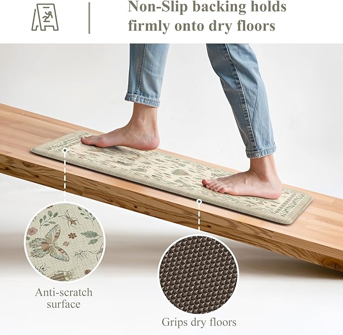 LEEVAN Anti Fatigue Mats for Kitchen Floor Non-Slip, Cushioned Kitchen Mats for Floor 2 Piece, Tan Memory Foam Kitchen Mat Set, Waterproof Ergonomic Standing Mat for Bar, Office,Desk, Laundry