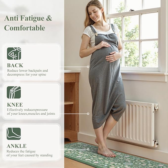 KIMODE Comfort Kitchen Floor Mats Cushioned Anti Fatigue,Farmhouse Spring Floral Kitchen Runner Rug Sets of 2 Non Slip,Long Memory Foam Standing Carpet for Laundry Sink Home,Green