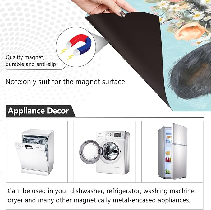 Flowers Cow Teal Dishwasher Magnet Cover for Front Panel Magnetic Dishwasher Cover Decorative Refrigerator Magnet Covers Dishwashers Magnetic Sticker for Kitchen Home, 23" x 26"