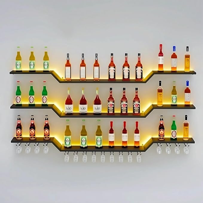 63" Wall Mounted LED Wine Rack, 3-Tier Floating Bar Shelves, Large Liquor Shelf with Wine Glass Rack, Large Bar Rack Wall Mounted for Liquor Bottles, Home Bar, Dining Room or Cafe, Black