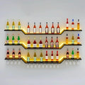 55.1" Wall Mounted LED Wine Rack, 3-Tier Floating Bar Shelves, Large Liquor Shelf with Wine Glass Rack, Large Bar Rack Wall Mounted for Liquor Bottles, Home Bar, Dining Room or Cafe, Black