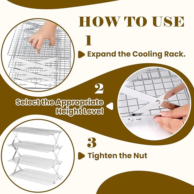 BEWOS 4 Tier Collapsible Cooling Rack - Adjustable Stainless Steel Baking Rack with Leak-Proof Mesh, X-Shaped Structure Cooling Rack for Cooking and Baking, Dishwasher Safe
