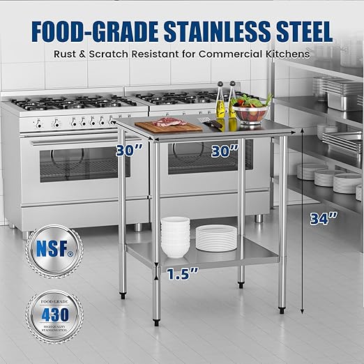 Stainless Steel Work Table 30 x 30 Inch with Adjustable Undershelf, Heavy-Duty Metal Prep Table for Commercial Kitchen & Restaurant, Garage, Outdoor