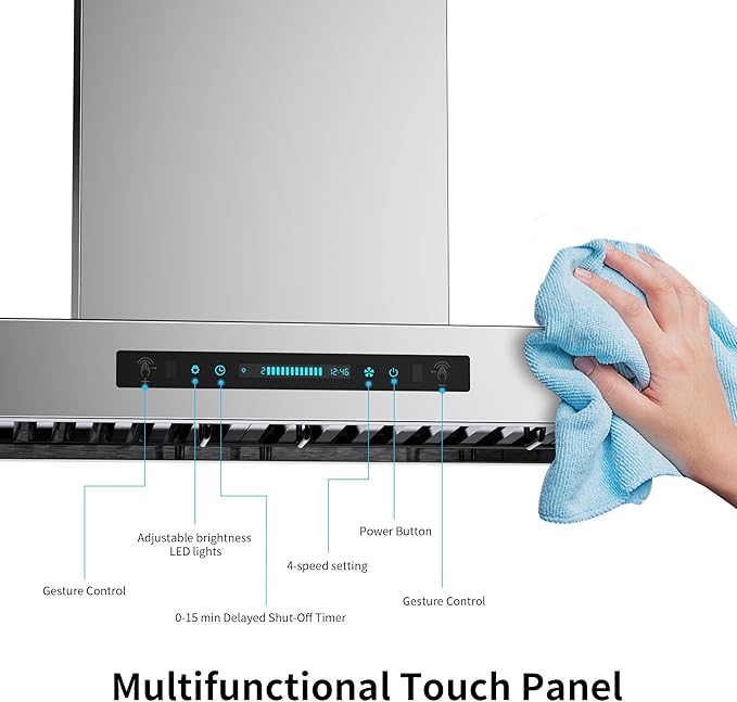 IKTCH 36 Inch Wall Mount Range Hood with 900 CFM, 4-Speed Fan, Ducted Range Hood, Gesture Sensing & Touch Control, Durable Stainless Steel IKP01-36