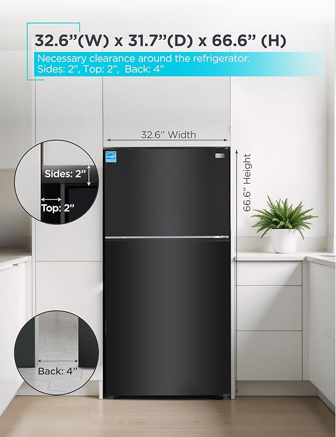 BLACK+DECKER 24 Cu. Ft. Top Mount Refrigerator with Ice Maker, 2-Door Refrigerator with Top Freezer, Freezer with Icemaker and Adjustable Temperature Control, ENERGY STAR, BR2400JIMB, Black
