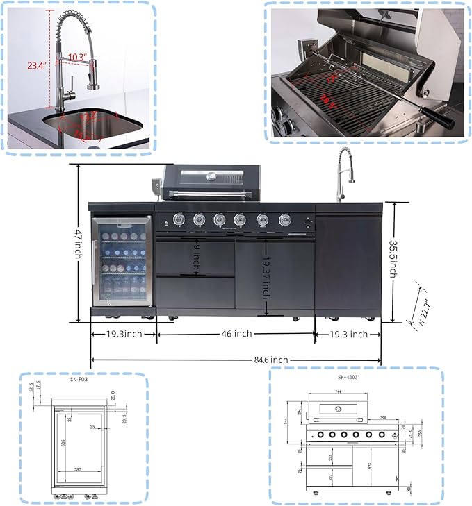 Outdoor Kitchen Island, 84.6 Inch 72000 BTU Gas Grill Combination With Refrigerator and Sink, Outdoor Stainless Steel Barbecue Bar, Propane Grill, for Patios, Gardens, Parties