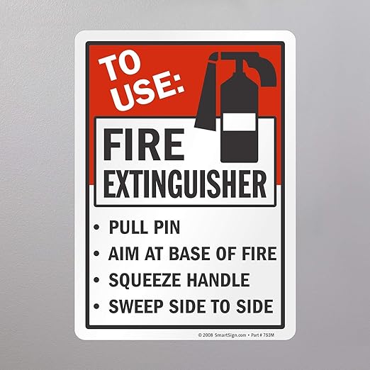 SmartSign 7"x5" "To Use Fire Extinguisher - Pull Pin, Aim at Fire, Squeeze Handle, Sweep' Sticker Label with Symbol, 3 mil Laminated Adhesive Polyester, Red/Black/White, USA-Made