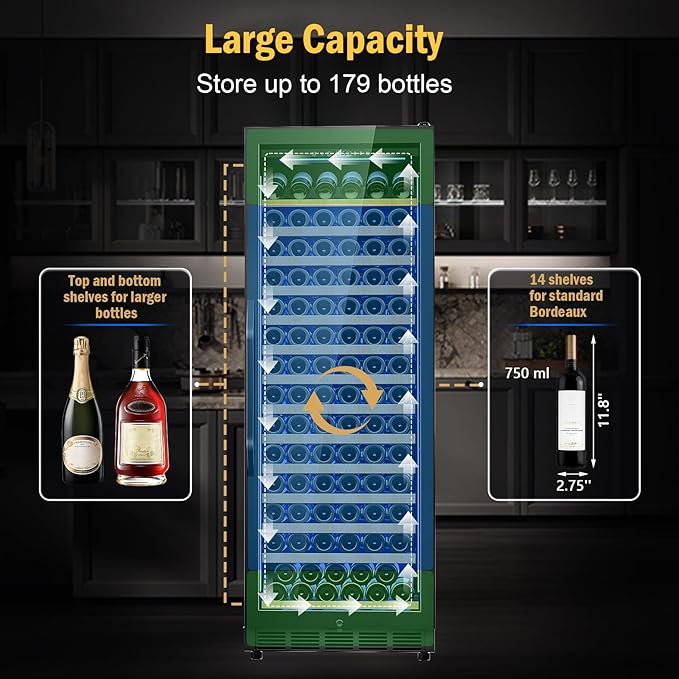 Wine Fridge Freestanding,173 Bottles 24 Inch Wine Cooler Refrigerator, Tall Wine Fridge with Compressor Low Noise Fast Cooling, Wine Cellar with Upgraded Door Handle Sliding Rail Shelves, Black