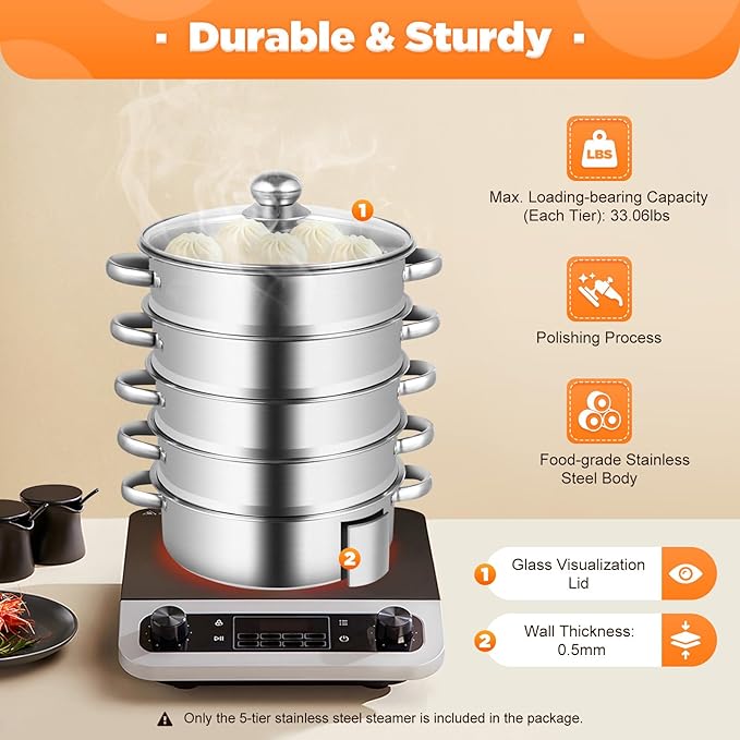 5-Tier Food Steamer Pot for Cooking, Stainless Steel Steamer Pot with Clear Lid, Stackable Steaming Pots Steam Cooker Cookware for Dumpling Seafood, Compatible with Gas/induction Stove (10.23in Diameter)