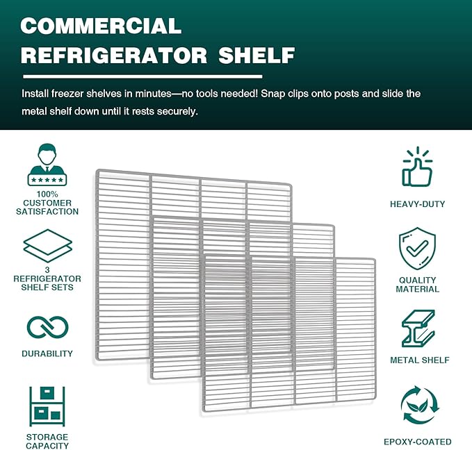 Commercial Freezer and Refrigerator Replacement Shelves for Three-Door Refrigerators, Set of 3, Epoxy-Coated Gray Steel Wire Shelves