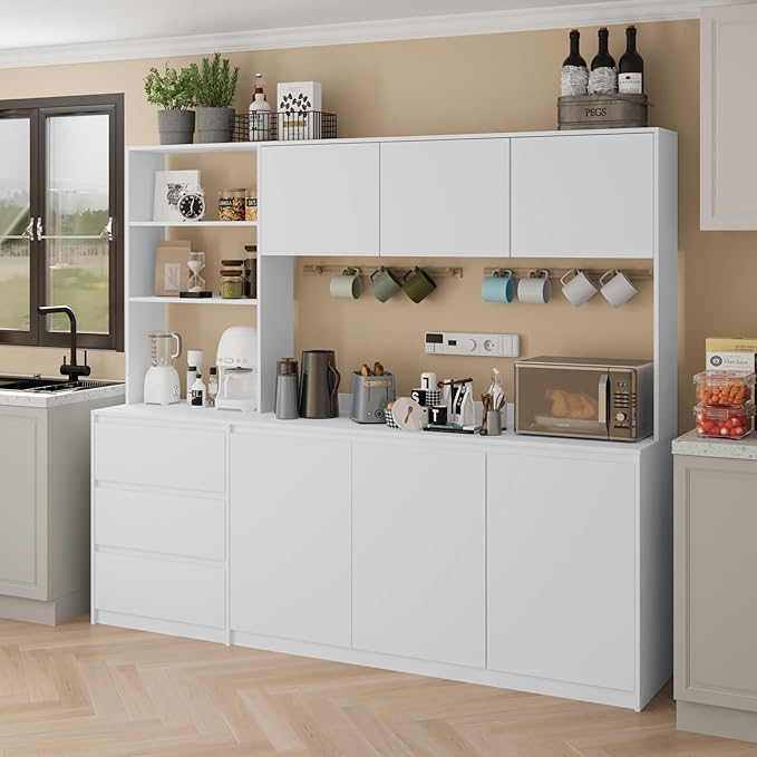 Extra Large Kitchen Pantry with Microwave Shelf, Kitchen Hutch Storage Cabinet with Countertop, Freestanding Countertop Cabinet with 3 Drawers and 3 Open Shelves, White