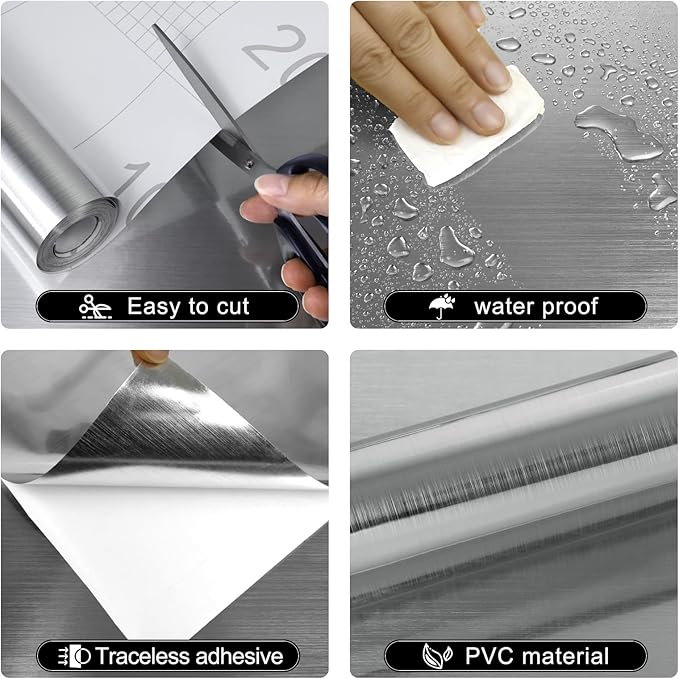 Stainless Steel Contact Paper Peel and Stick Countertop Silver Metallic Refrigerator Wrap Contact Paper DIY Waterproof Wallpaper for Kitchen Backsplash Dishwasher Cabinets 15.7"x80"