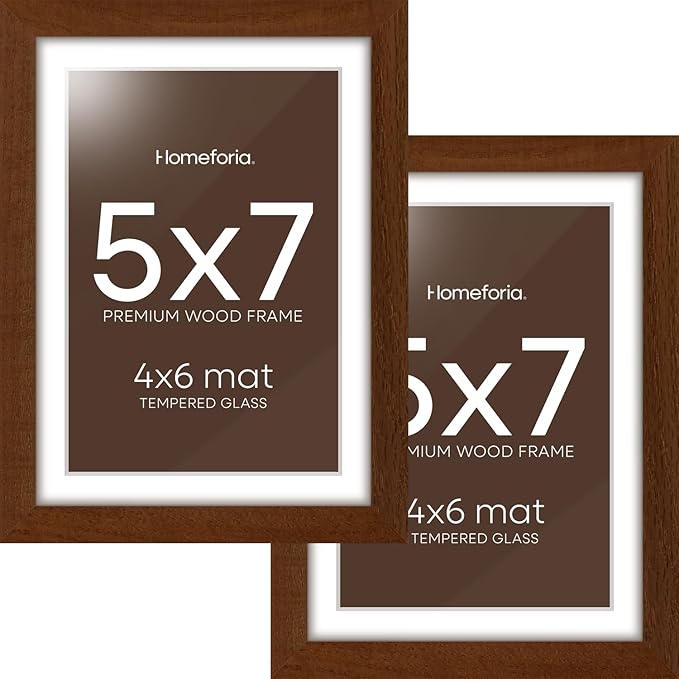 Homeforia 5x7 Brown Picture Frame, High End Dark Oak 5x7 Wooden Frames with Mat 4x6 Photo, 5 x 7 Walnut Wood Frame Matted to 4 x 6 Print, 7x5 Wall or Tabletop Frame, Tempered Glass, Wall Kit, Set of 2