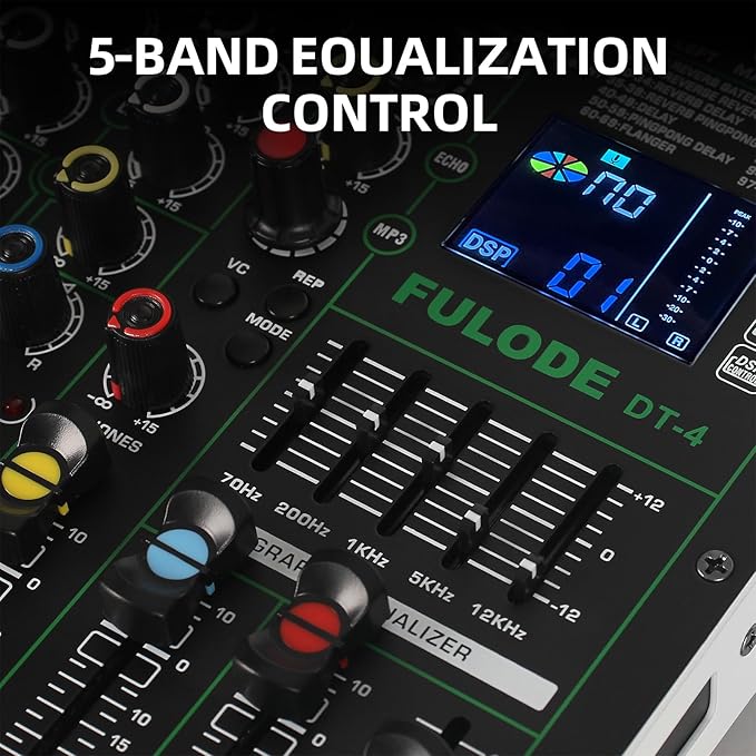 DT-4 Professional 4 Channe Audio Mixer，DJ Controller Sound Board Mixing with 99 DSP Effects,5-Band EQ/4 XLR interfaces and USB for Live Streaming & Recording，48V Phantom Power & Vocal Removal