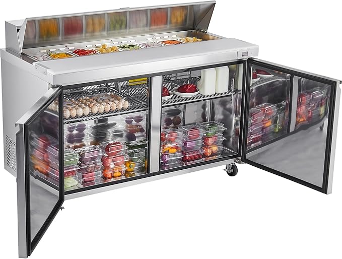 VEVOR 60" W Commercial Refrigerator, 15.4 Cu. Ft Sandwich Prep Refrigerated Table, Mega Top Food Prep Fridge with 16 Pans Cutting Board, Stainless Steel Salad Prep Cooler for Restaurant, Food Truck