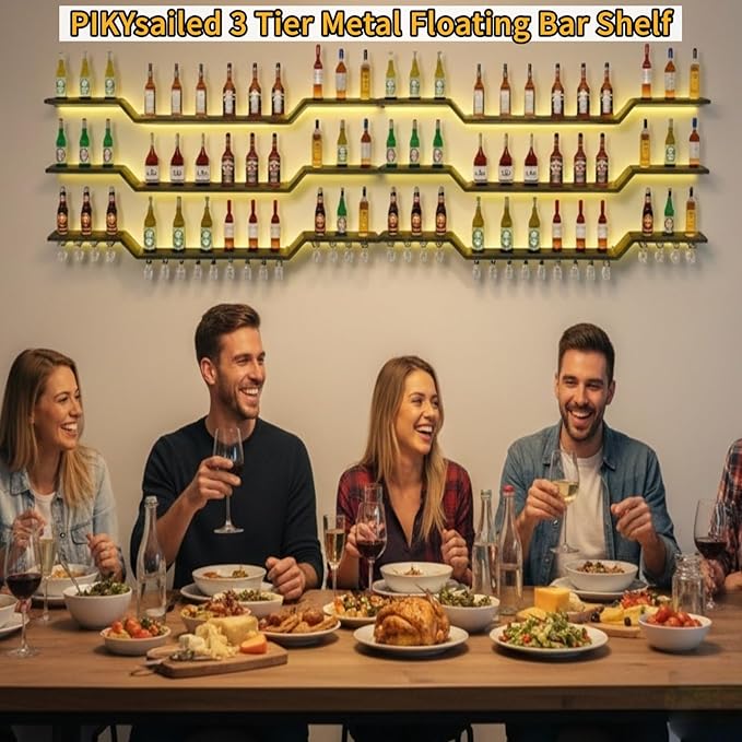39.4" Wall Mounted LED Wine Rack, 3-Tier Floating Bar Shelves, Large Liquor Shelf with Wine Glass Rack, Large Bar Rack Wall Mounted for Liquor Bottles, Home Bar, Dining Room or Cafe, Gold