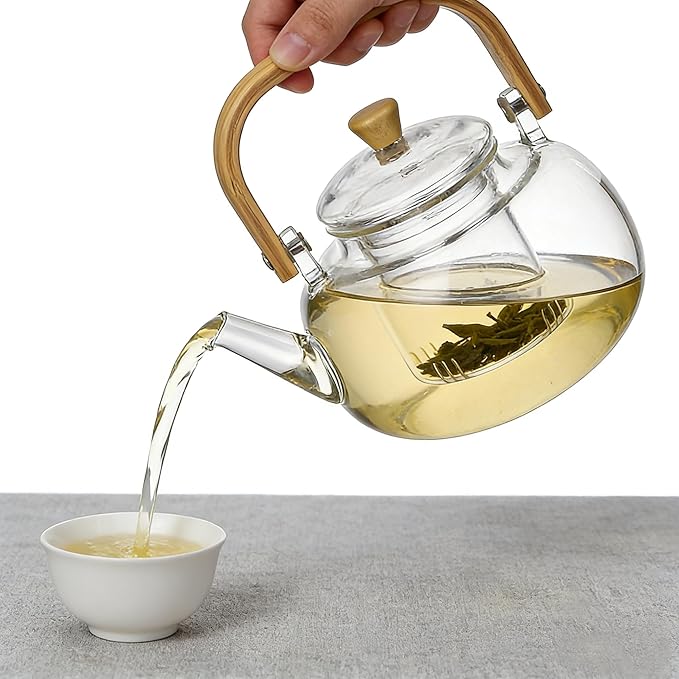 1000ml (33.8oz) Borosilicate Glass Teapot with Wooden Handle, Stovetop Safe Clear Tea Kettle with Removable Glass Infuser for Blooming Tea and Loose Leaf Tea