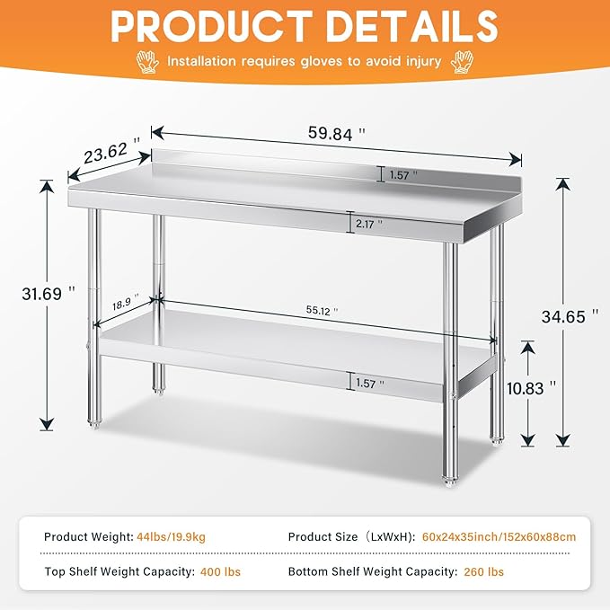 Jocisland 24" x 60" Stainless Steel Table for Prep & Work with Backsplash, Adjustable Under Shelf & Safe Design for Restaurant, Home and Outdoor