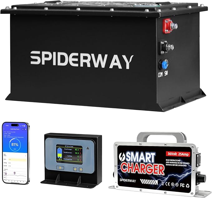 36V 105Ah Lithium Golf Cart Battery with 25A Charger, Built-in 200A BMS, Bluetooth App, IP67 Metal Case, 6000+ Cycles LiFePO4 Battery, Max 7.68kW 50-Mile Range, Seft Heating, Perfect for Golf Cart