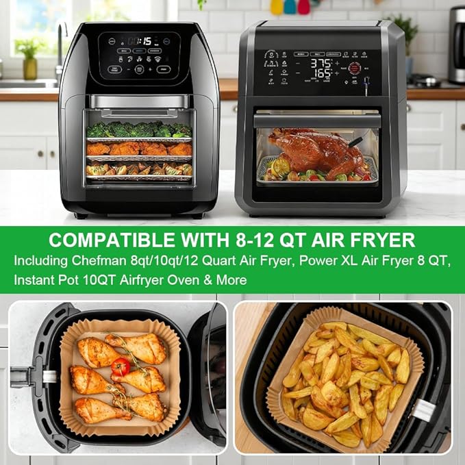 BYKITCHEN Large Air Fryer Liners for 8-12QT XL Airfryer, Compatible with CHEFMAN 8QT/ 10 QT/ 12QT & Instant Pot 10QT, 200PCS 10 Inch Disposable Airfryer Parchment Paper Liner, Air Fryer Accessories