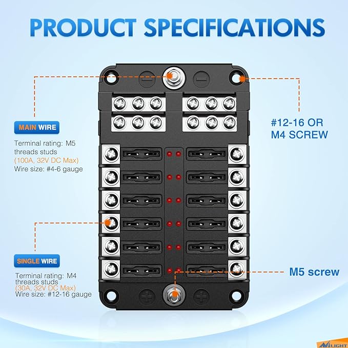 Nilight - 50056L 12 Way Blade Fuse Block 12 Circuits with Negative Bus Fuse Box Holder with LED Indicator ATO/ATC Fuse Panel Waterproof Cover for 12V Automotive Cars, Marine Boats, RVs, Trailers