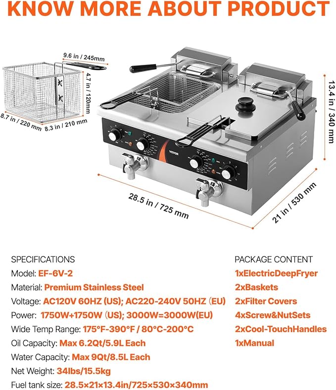 VEVOR Commercial Deep Fryer, 2 x 9Qt / 8.5L Double Oil Fryer with 2 Baskets, 1mm Thickened Stainless Steel, Dual Tank 3500W Electric Countertop Fryer， Time & Temp Control, for Kitchen Restaurant Use