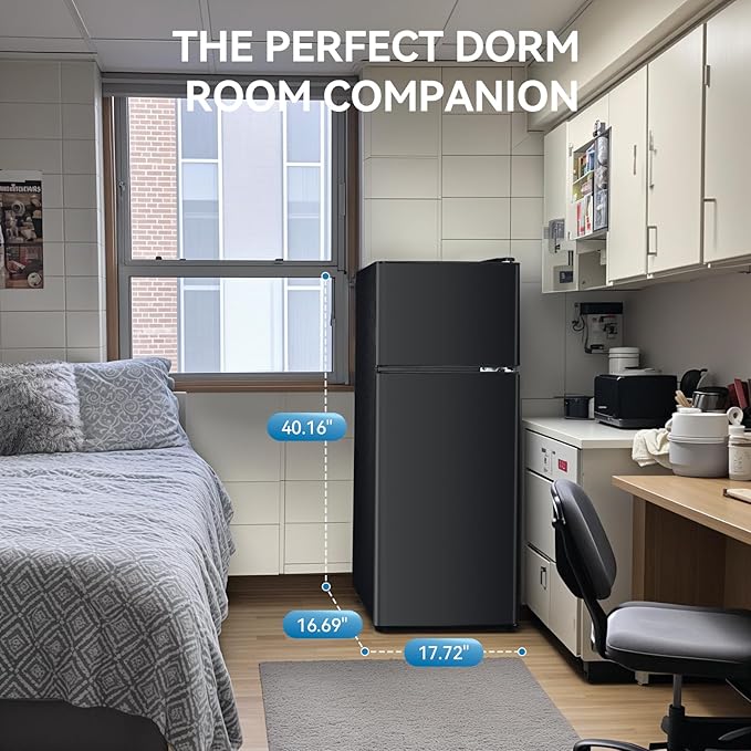 4.0 Cu.Ft Fridge with Freezer, Double Door Refrigerator with 6 Level Thermostat, LED Light, Adjustable Glass Shelves for Bedroom, Office, Dorm, Apartment, Black