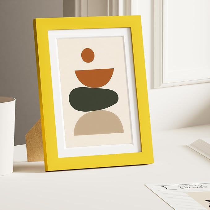 Vittanly 5x7 Picture Frame, Solid Wood Frame with Plexiglass, Includes 4x6 Mat, Wall Hanging or Tabletop for Home Decor, Yellow, 1 Pack