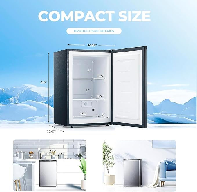 3.2 Cu.ft Small Upright Freezer, Mini Freezer with Adjustable Thermostat, Removable Shelves, Reversible Single Door, for Bedroom/Home/Dorms/Apartment, Silver